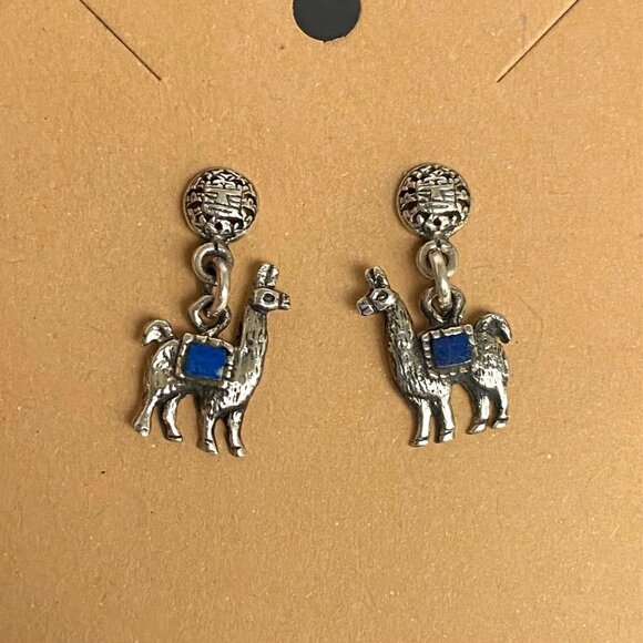 Sterling Silver 925 Southwest Style Llama Alpaca Lapis Dangle Drop Earrings - Picture 1 of 16